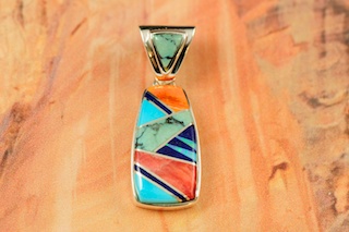 Genuine Turquoise, Spiny Oyster Shell and Blue Lapis inlaid between ribbons of Sterling Silver. Free 18